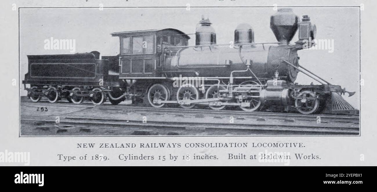 New Zealand Railways Consolidation Lokomotive Typ 1879, die in Baldwin gebaut wurde, arbeitet nach dem Artikel TATSÄCHLICHE ARBEIT AMERIKANISCHER LOKOMOTIVEN AUF BRITISCHEN EISENBAHNEN. Von Charles Rous-Marten. Aus dem Engineering Magazine widmet sich Industrial Progress Volume XX 1900 - 1901 The Engineering Magazine Co Stockfoto