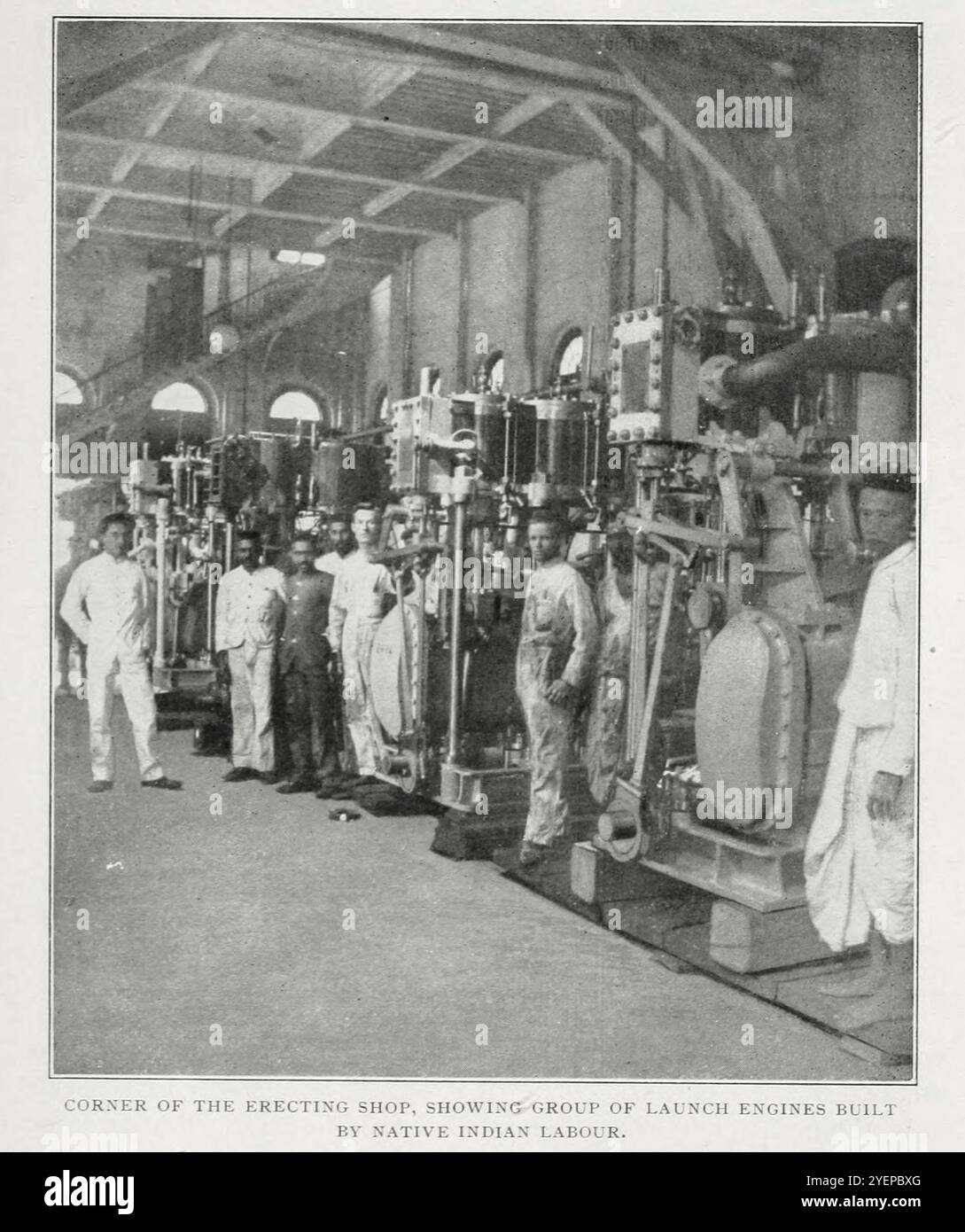 ECKE DES AUFBAUBETRIEBS, MIT EINER GRUPPE VON STARTMASCHINEN, DIE VON INDIANISCHEN ARBEITERN GEBAUT WURDEN. Aus den Artikeln AUSRÜSTUNG UND METHODEN DER INDISCHEN WERFTEN. Von A. C. Bowden. Aus dem Engineering Magazine widmet sich Industrial Progress Volume XX 1900 - 1901 The Engineering Magazine Co Stockfoto