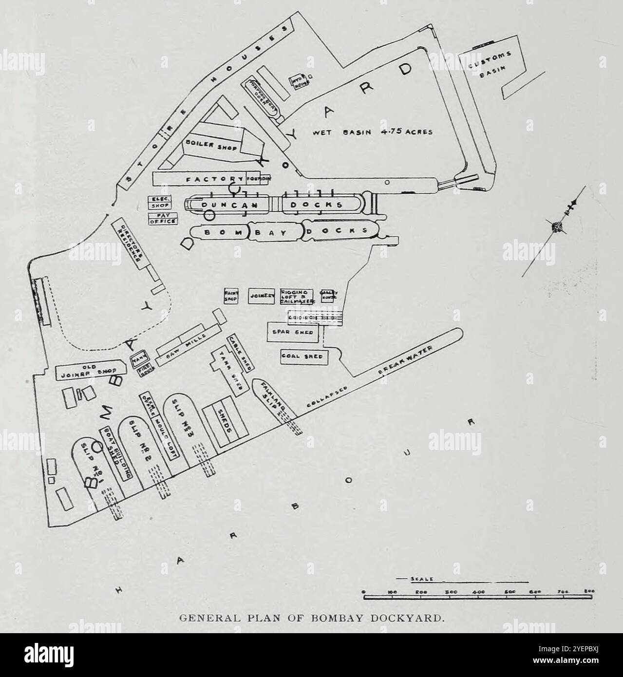 ALLGEMEINER PLAN DER BOMBAY-WERFT AUS DER AUSRÜSTUNG UND DEN METHODEN DER INDISCHEN WERFTEN. Von A. C. Bowden. Aus dem Engineering Magazine widmet sich Industrial Progress Volume XX 1900 - 1901 The Engineering Magazine Co Stockfoto