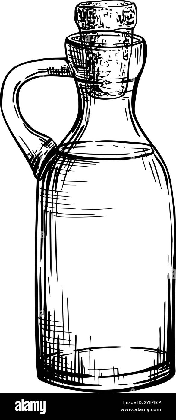 Glasflasche, Karaffe korkiert und gefüllt mit Olivenöl, Flüssigkeit, Getränk Vektorglas mit Kork oder Speisesoße mit Stopfen Sketch in Line Art Stil gemalt Stock Vektor