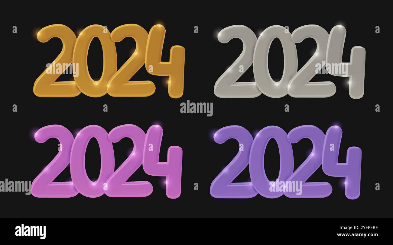 2024 nummeriert metallische 3D-Neujahrselemente für Weihnachtsbanner. Verschiedene Farben glänzende dreidimensionale realistische Vektordesigns - Gold, Silber, Rosa Stock Vektor