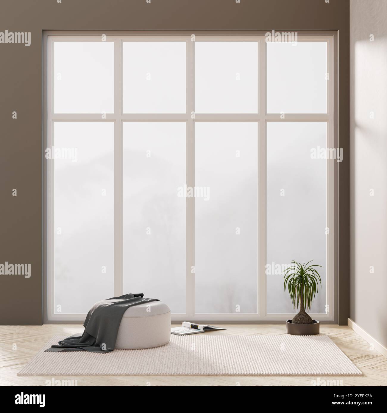 Minimalistisches Wohnzimmer mit modernen Möbeln. Innenausstattung im skandinavischen Stil. 3D-Abbildung Stockfoto