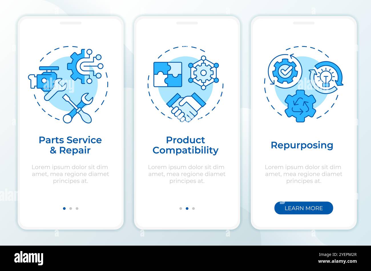 Reverse Engineering verwendet den blauen Onboarding-Bildschirm der mobilen App Stock Vektor