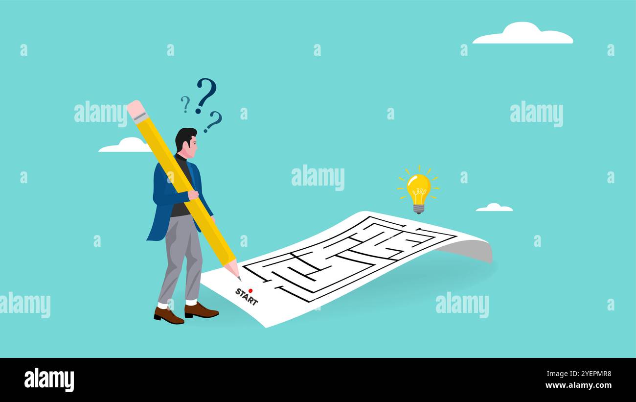 Illustration zur Problemlösung mit dem Konzept eines Geschäftsmannes, der ein Labyrinth-Rätsel löst, um eine Lösung zu finden, ist das Business-Rätsel flach Stock Vektor