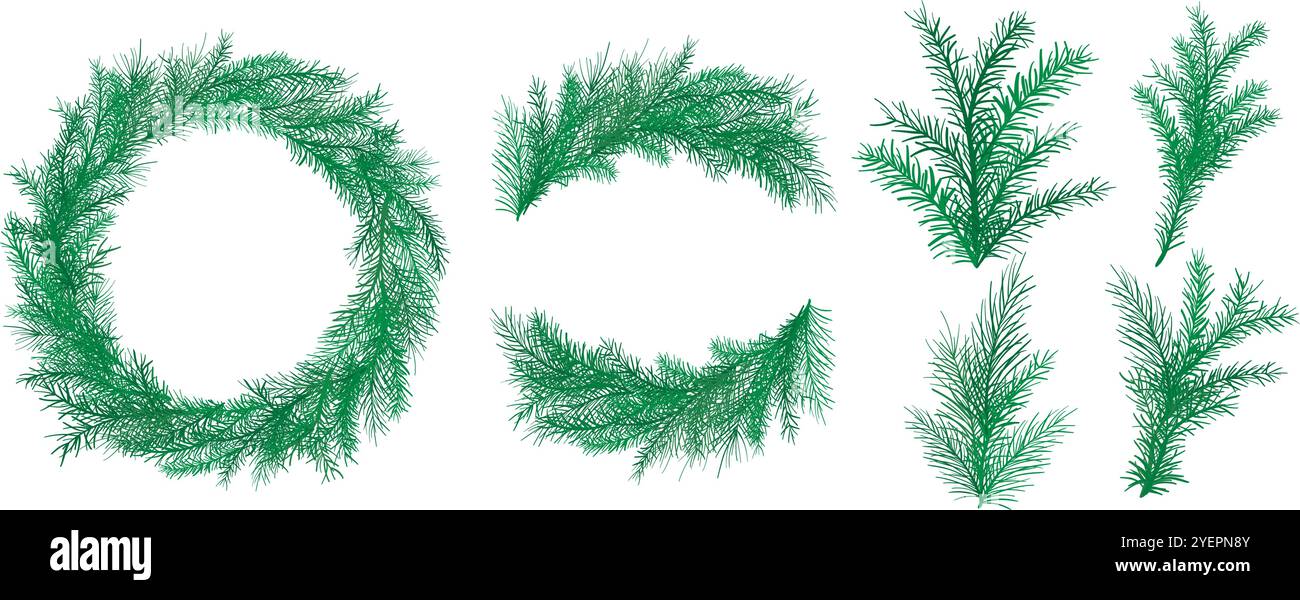Das handgezeichnete Tannenset enthält Kranz, Rahmen, Zweige und Bündel von Tannen- und Kiefernzweigen. Traditionelle Nadelelemente für Weihnachten und Neujahr Stock Vektor