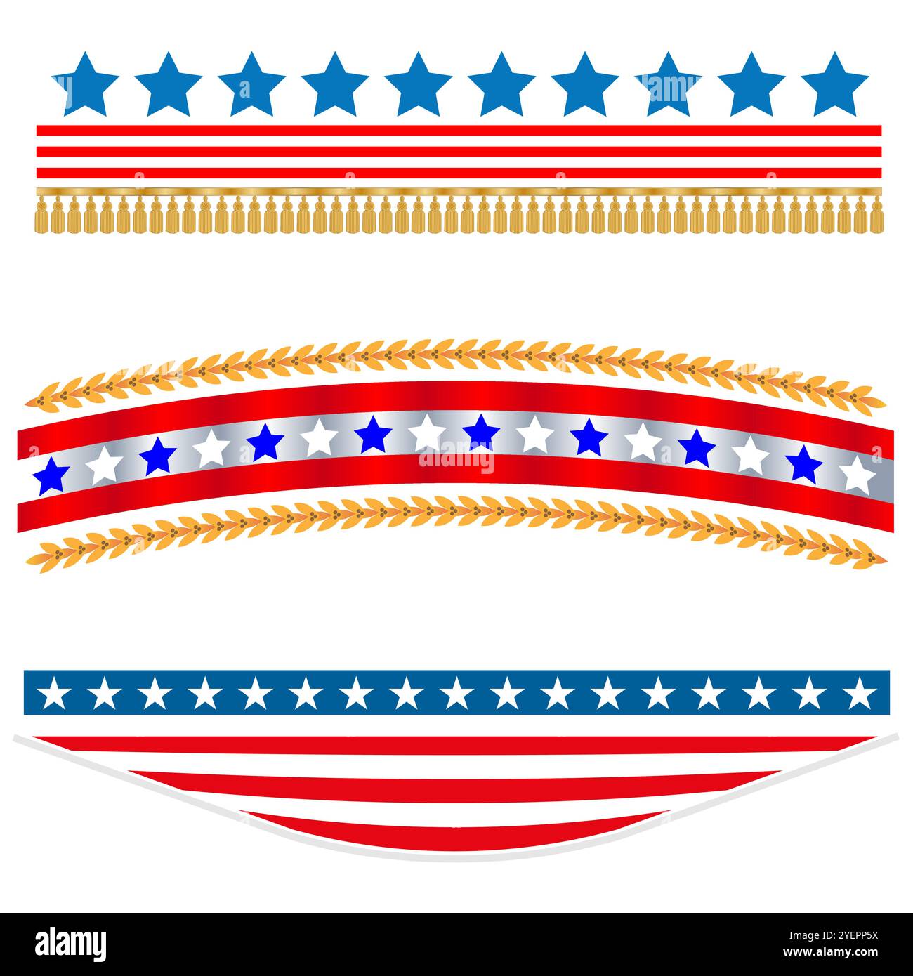 USA Flaggensymbole patriotische festliche dekorative Grenzen Vektor Design Elemente Set. Stock Vektor