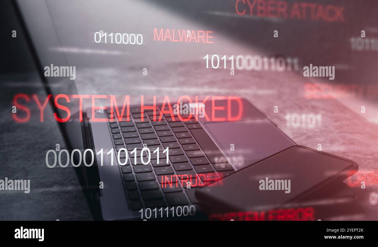 Holographische Schnittstelle Warnung vor einem gehackten System. Alarm nach Cyber-Angriff auf Laptop. Internet-Virus. Cyberkriminalität. Hacker stehlen Informationen. Stockfoto