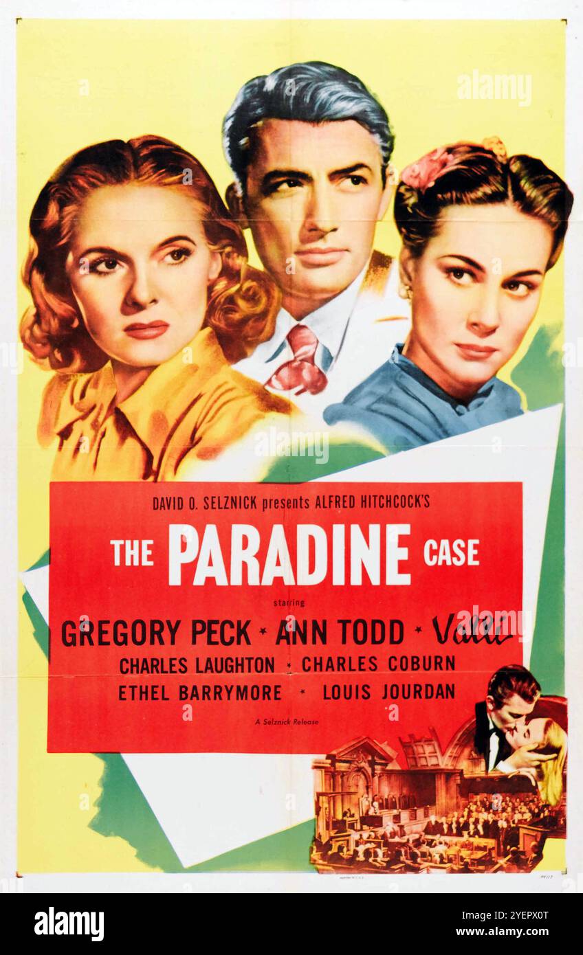 Filmplakat (1947) Alfred Hitchcocks the Paradine Case, Gregory Peck, Ann Todd, Valli, Ethel Barrymore, Charles Coburn Stockfoto