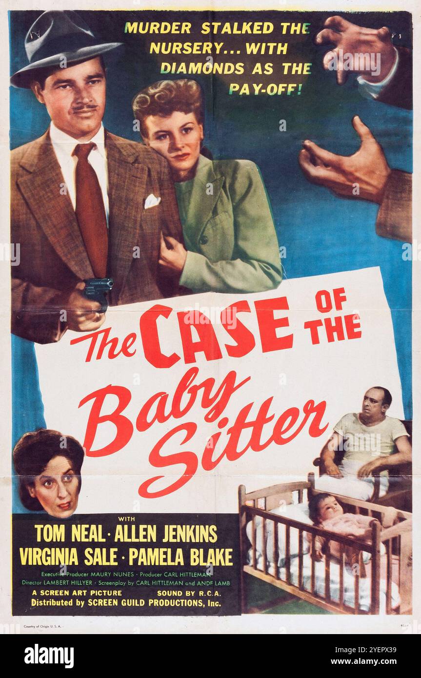 Vintage-Filmplakat für den Film The Case of the Babysitter aus dem Jahr 1947 – Tom Neal, Allen Jenkins, Virigina Sale, Pamela Blake Stockfoto