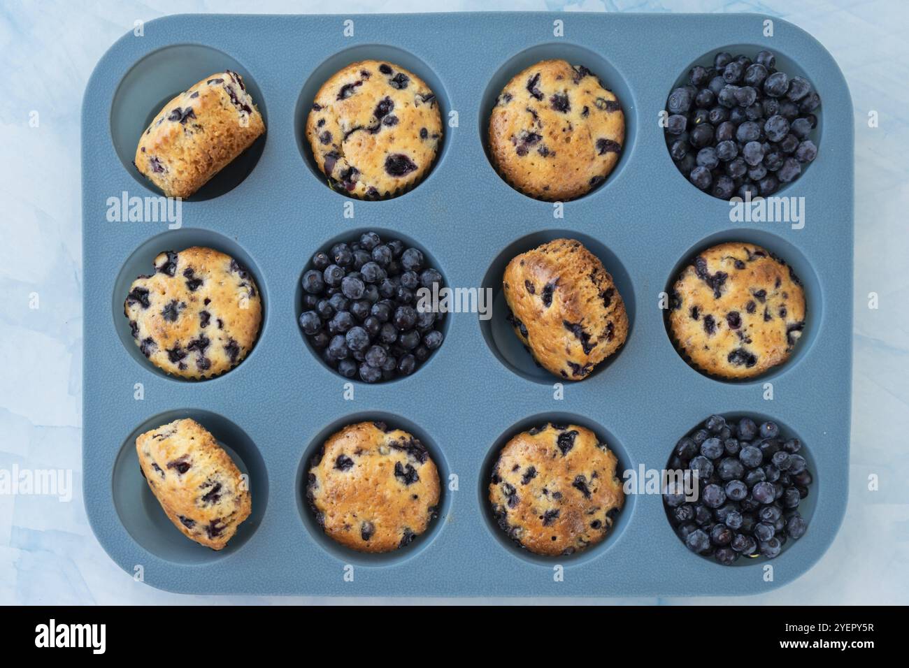 Beerenkuchen in Silikon-Muffindose. Gesunde vegane Cupcakes mit Bio-Beeren. Frisch gebackene Heidelbeermuffins. Leckerer süßer Cupcake. Hausgemachtes Gebäck Stockfoto