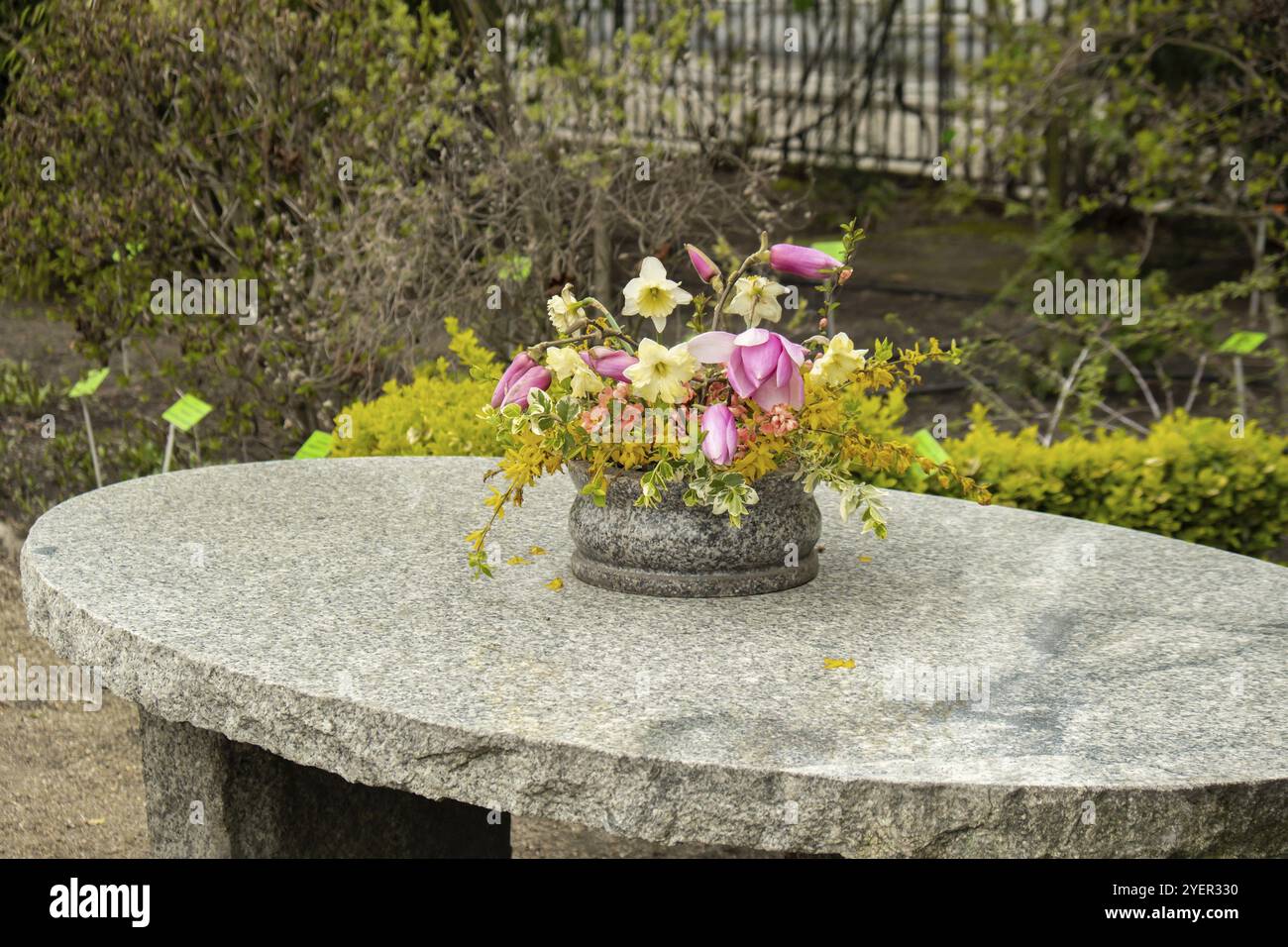 Großer runder Steintisch auf wunderschöner Terrasse, Terrassengarten. Leerer Ort zum Entspannen im Garten. Vintage Topfblumen. Keine Leute kuscheln kleine Ba Stockfoto