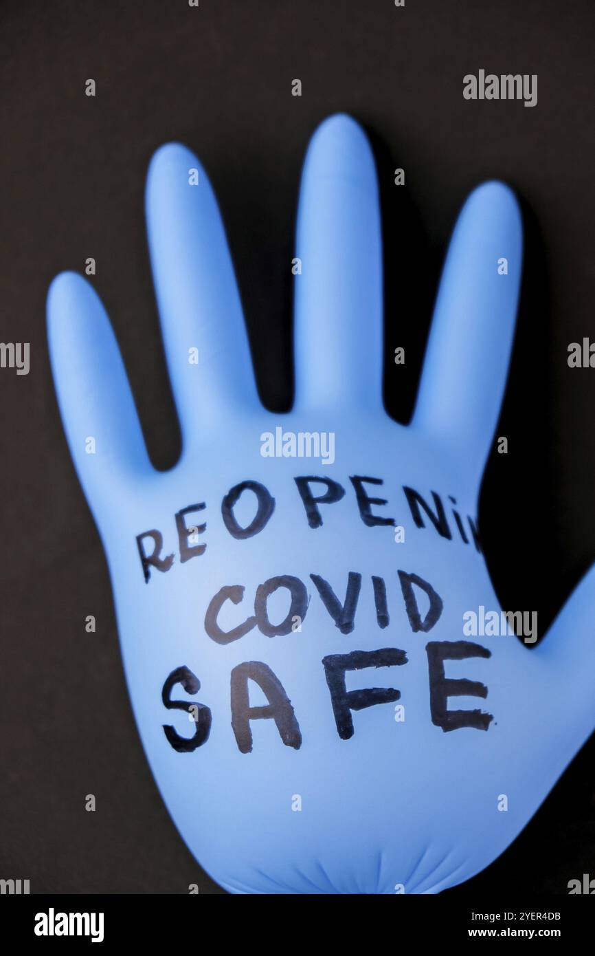 Aufgeblasene blaue Latex-OP-Handschuh auf schwarzem Hintergrund. Erneutes Öffnen von covid Safe. Öffnen Sie wieder Text auf medizinischen Handschuh geschrieben. Neuer Normalwert. Coronavirus outbre Stockfoto