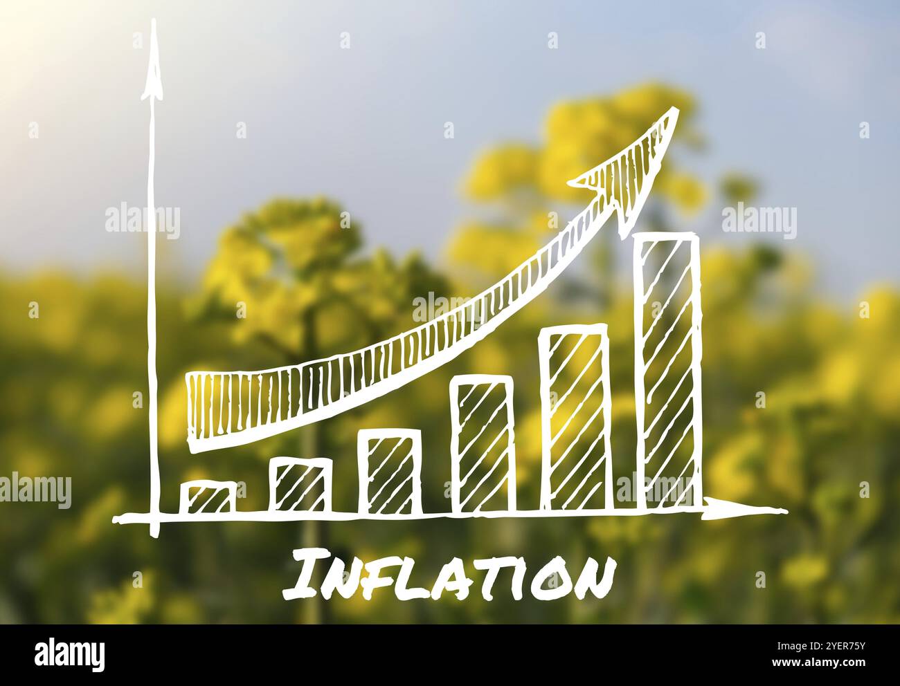 TEXTINFLATION mit Diagramm gegen defokussierte Landwirtschaftsbotschaft. Hunger, Inflation, hohe Preise, steigende Lebenshaltungskosten und Armut, Stockfoto