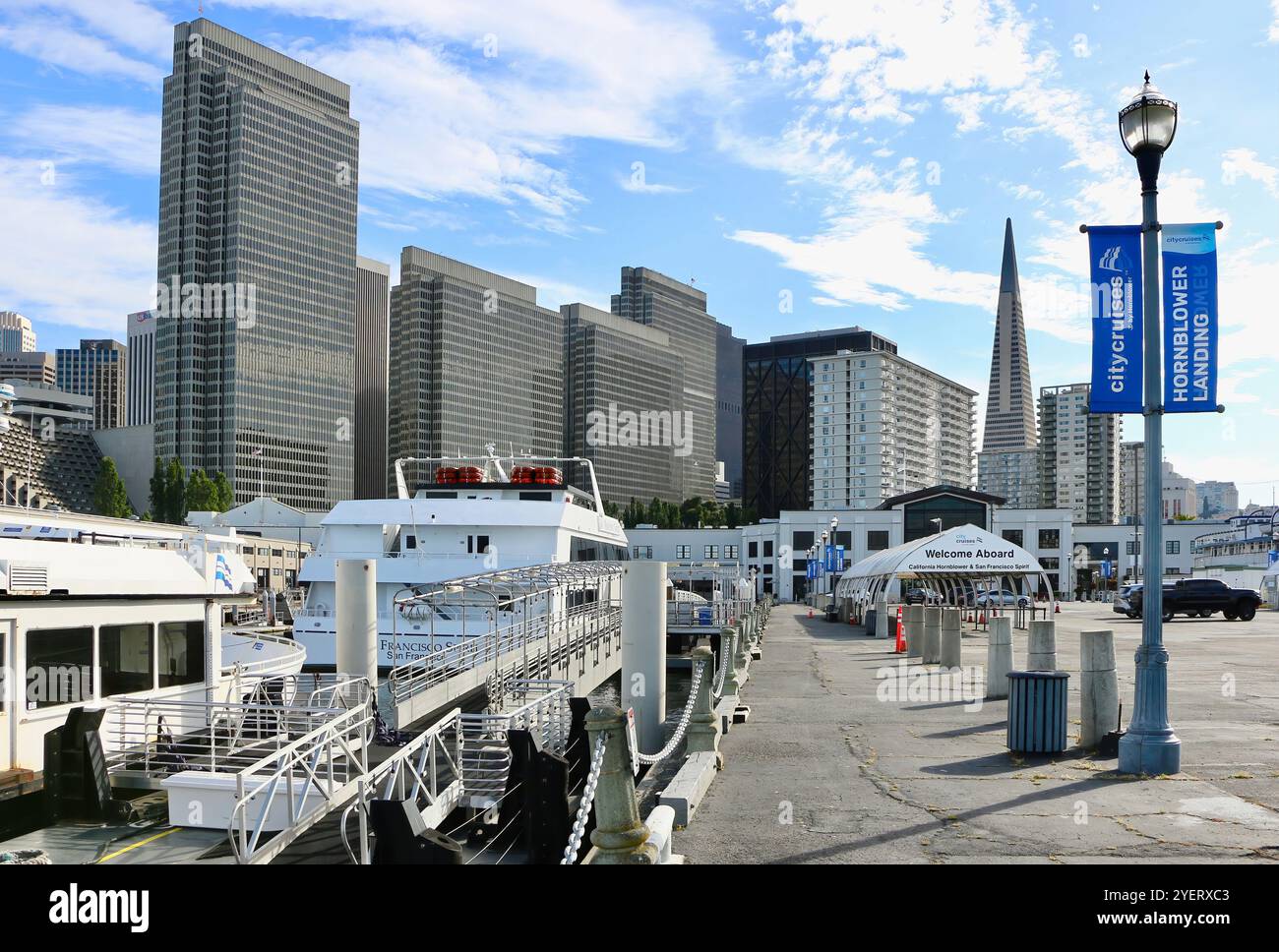 Hornblower Discovery Fähre mit der Skyline der Stadt Embarcadero Centre Transamerica Pyramide San Francisco Kalifornien USA Stockfoto