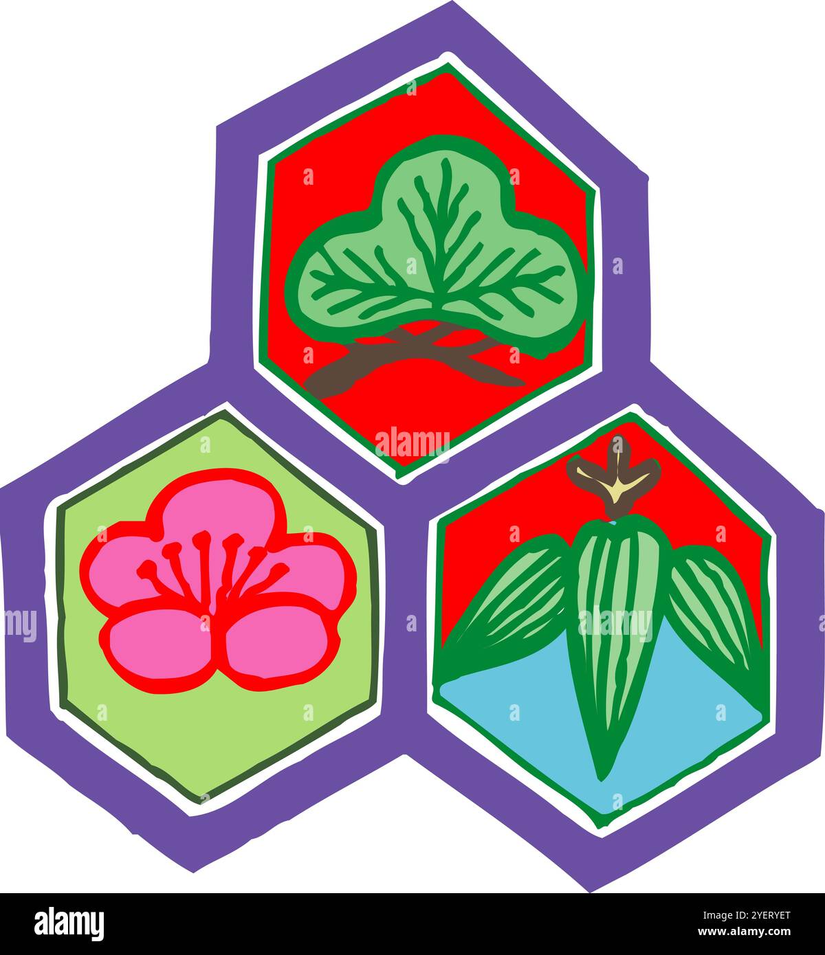 Schildkrötenkiefer, Bambus und Pflaume Stockfoto