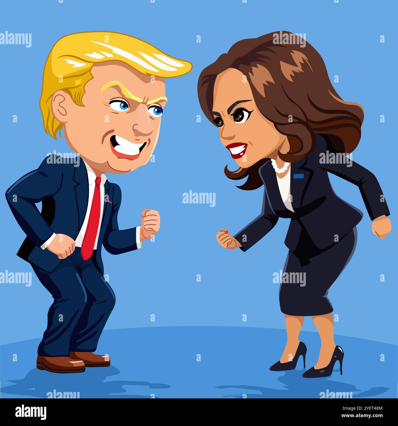 Donald Trump gegen Kamala Harris Karikatur Porträt Vektor Illustration. Verlosung der Präsidentschaftskandidaten für die US-Wahl Stockfoto