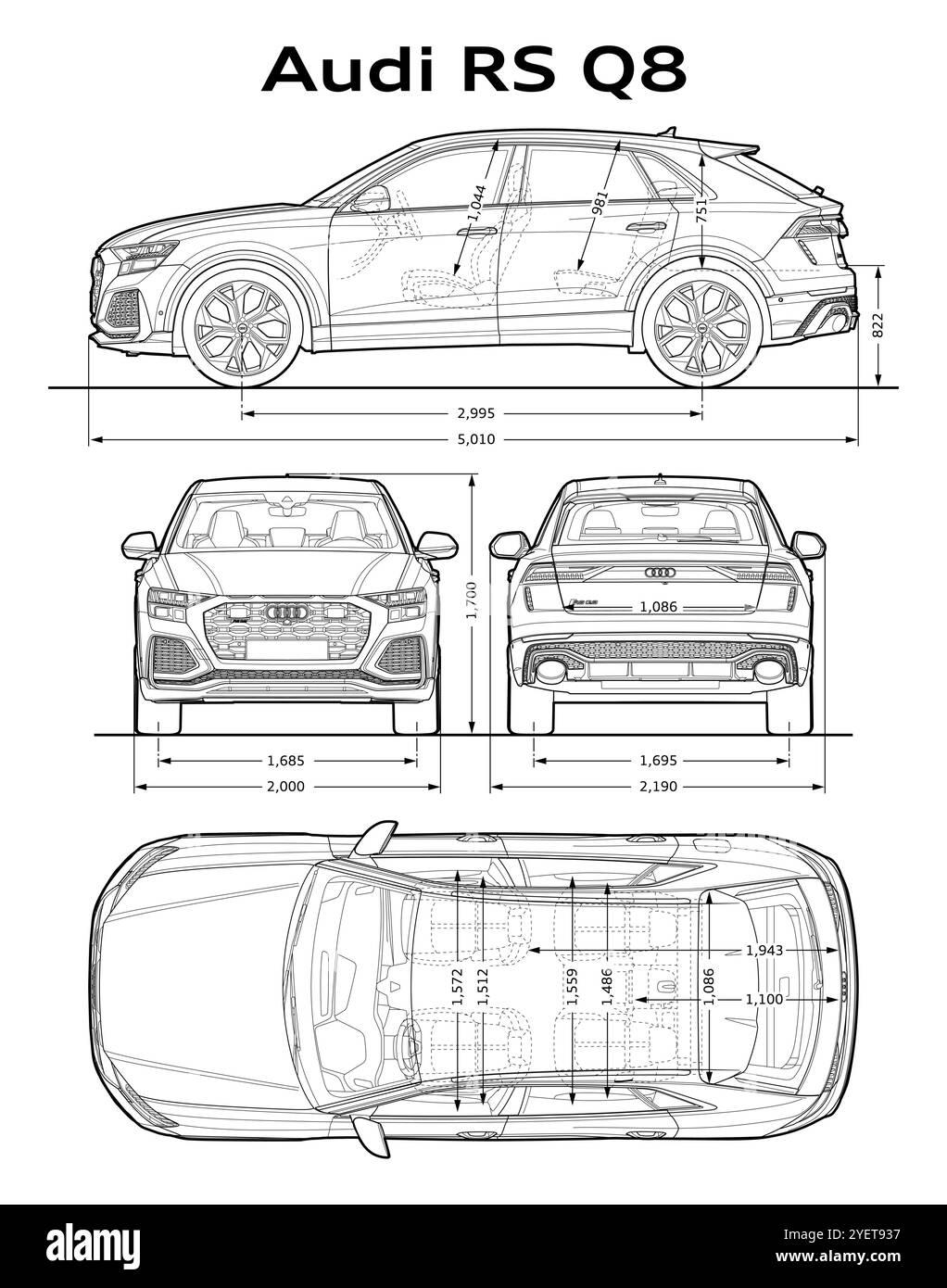 2024 Audi RS Q8 Auto Blueprint Vektordatei. Stock Vektor