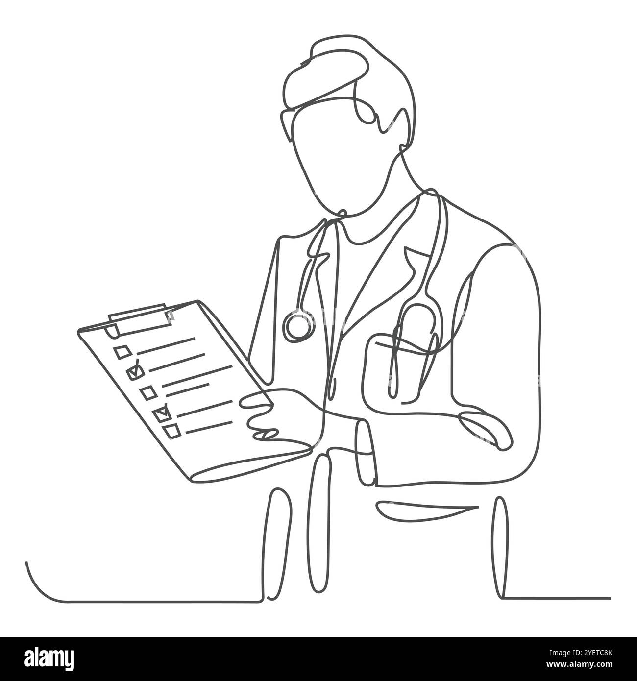 Linienzeichnung eines Arztes, der steht, um medizinische Informationen aufzuschreiben Vektor-Illustration des Doktors isoliert auf weißem Hintergrund n. Stock Vektor