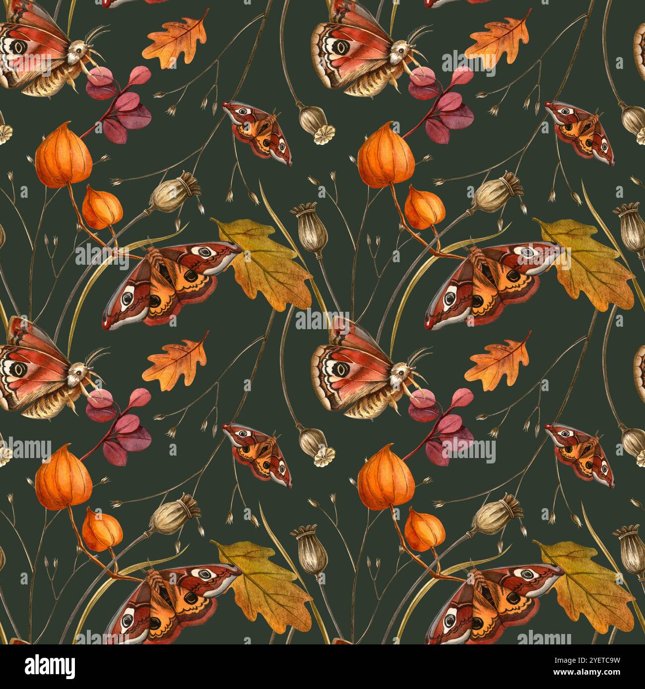 Schmetterlingsmonarch, Eichenblätter, Mohnzwiebeln, Physalis-Muster. Nahtloser Herbst-Vintage-Druck mit beigefarbenem Hintergrund. Für Herbststoff, Dekor, Verpackung Stockfoto