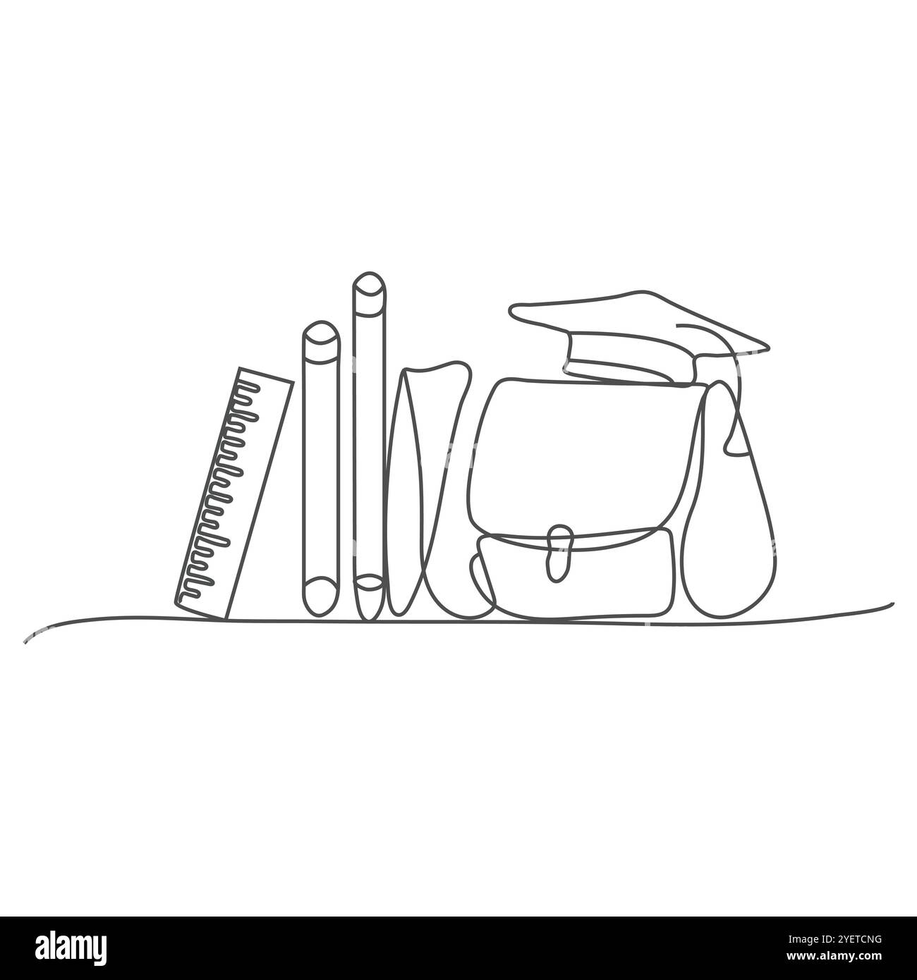 Einzelne durchgehende Linienzeichnung von Buch, Lineal, Schultasche, Graduierungskappe für Seitenlayout. Minimalistischer Back-to-School-Style. Bildungskonzept. Station Stock Vektor