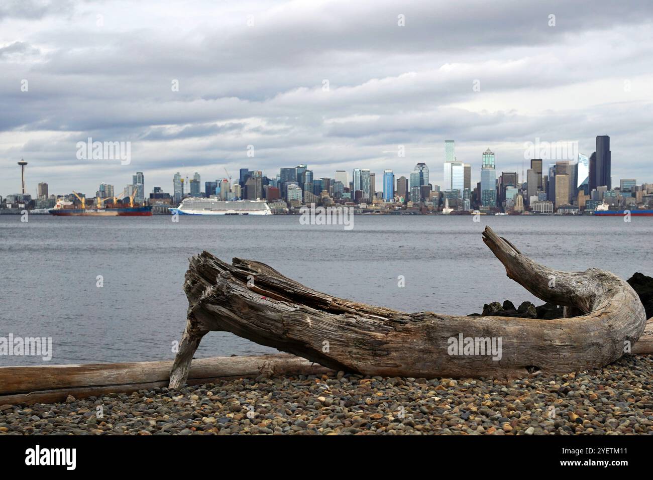 Blick über den Puget Sound in Richtung der Skyline von Seattle in Washington, USA Stockfoto