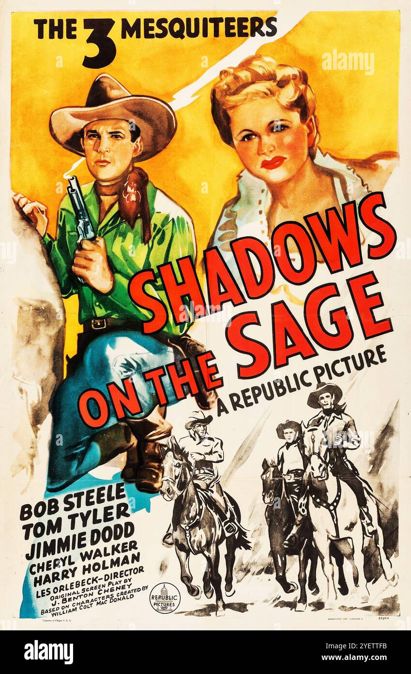 Vintage-Western-Filmplakat für Schatten auf dem Salbei - die 3 Mesquiteers, Republik 1942 - Bob Steele, Tom Tyler, Jimmie Dodd Stockfoto