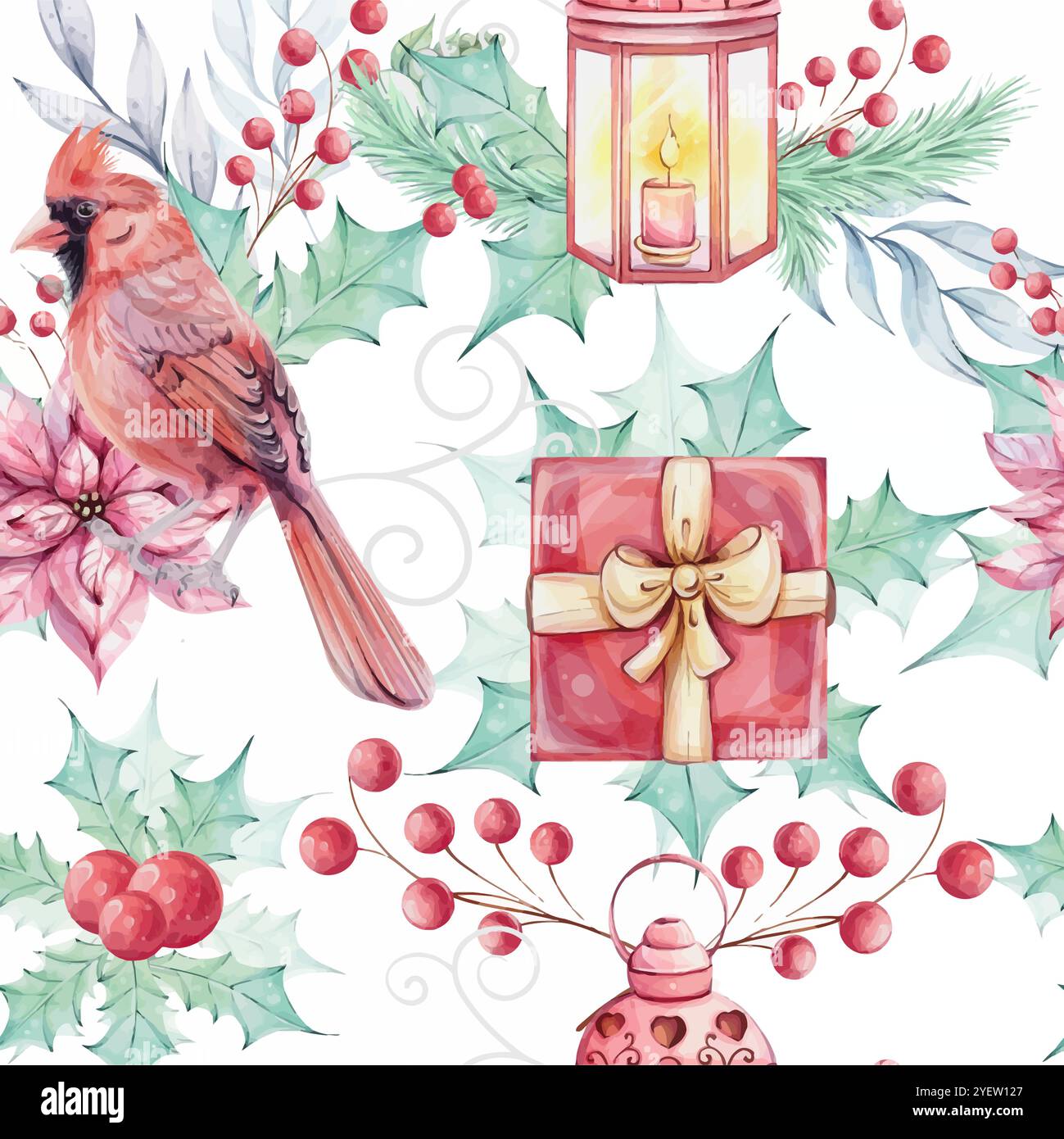 Aquarellmuster - Weihnachtsvogel roter Kardinal, Beeren, rote Geschenkbox, Weihnachtsstern Blumenstrauß mit stechpalmen-grünen Blättern. Anordnung mit Stock Vektor