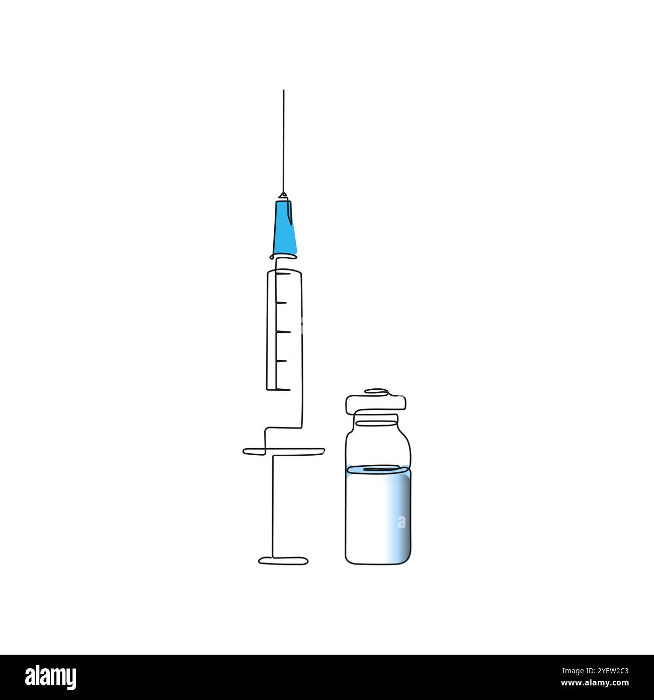 Spritze mit Nadel und Impfstoffröhrchen. Einzeilige Art. Impfung, Gesundheitsinjektion. Medizinisches Konzept. Handgezeichnete Vektorgrafik. Stock Vektor