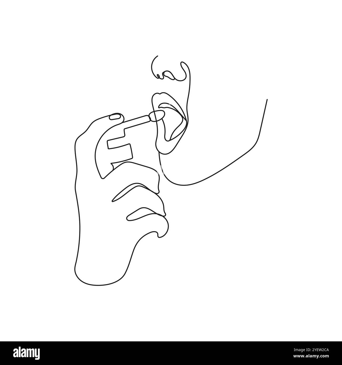 Frauenhand mit Mundspray zur Behandlung von Halsschmerzen oder zur frischen Atmung. Gesundheitswesen und medizinisches Konzept. Handgezeichnete Vektorgrafik. Stock Vektor