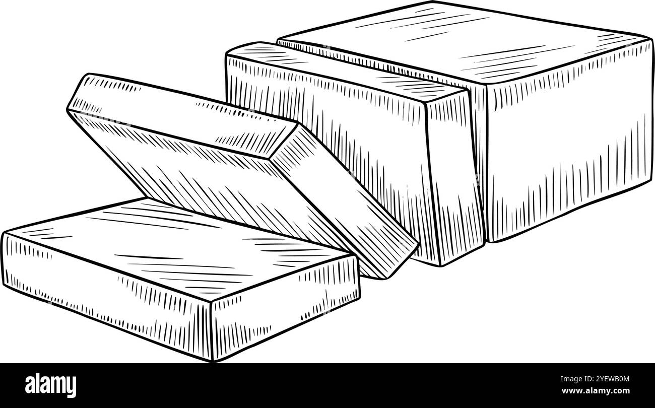Lineare Darstellung der Butter- oder Käseplatte. Umrisszeichnung von Milchprodukten, die mit schwarzer Tinte bemalt sind. Einfarbige Ätzung für Kochbuch oder Kochrezept. Strichkunst für Lebensmitteldesign. Stock Vektor