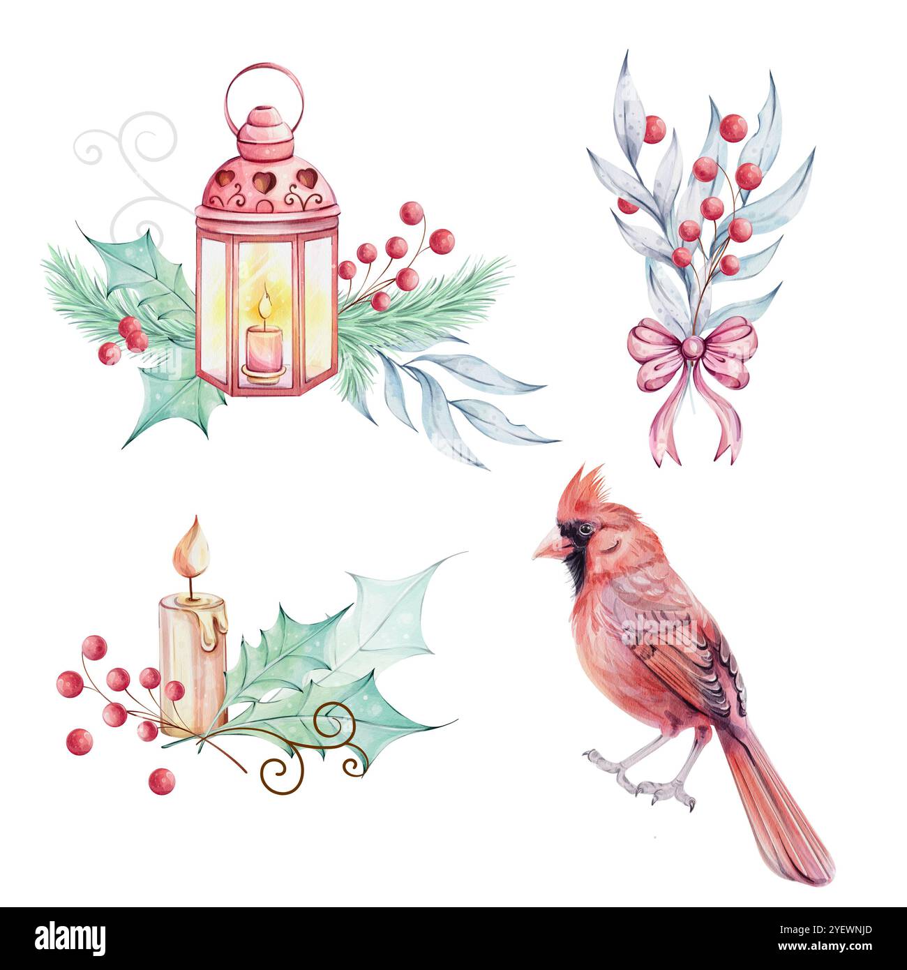 Aquarellset rote Weihnachtslaterne und Kerze mit stechpalmengrünen Blättern und roten Beeren, isoliert. Vogelroter Kardinal mit Brunch, roten Beeren und Rot Stockfoto