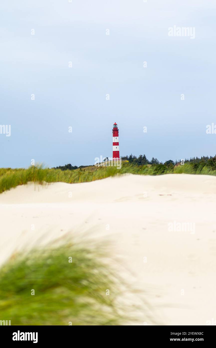 Ein markanter Leuchtturm mit roten und weißen Streifen erhebt sich deutlich über Sanddünen und üppigem Gras. Der bewölkte Himmel sorgt für eine ruhige Atmosphäre Stockfoto