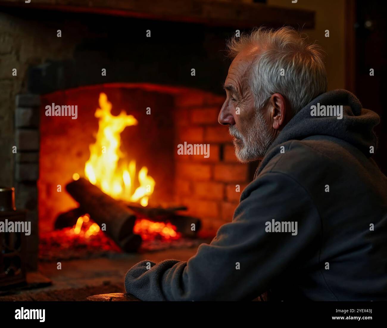 Mann, der im Winter vor einem Kamin sitzt Stockfoto
