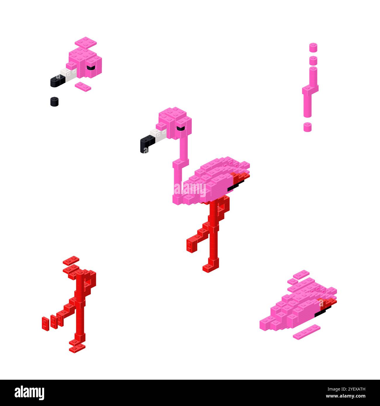 Konzept mit Dekonstruktion Flamingo aus Kunststoffblöcken. Vektorabbildung Stock Vektor