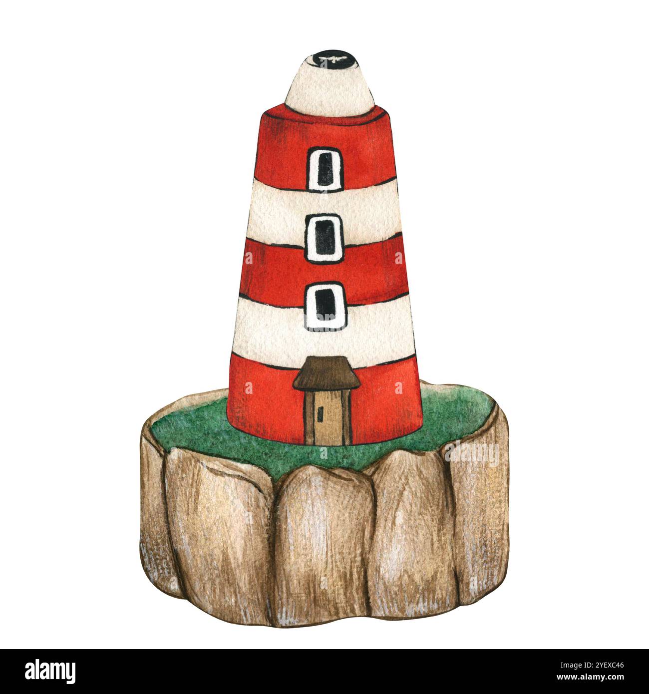 Roter Leuchtturm auf der Insel. Meereslandschaft isoliert auf weißem Hintergrund. Aquarellstilisierte Kinderillustration von Hand gezeichnet. Alte Seeblitze Stockfoto