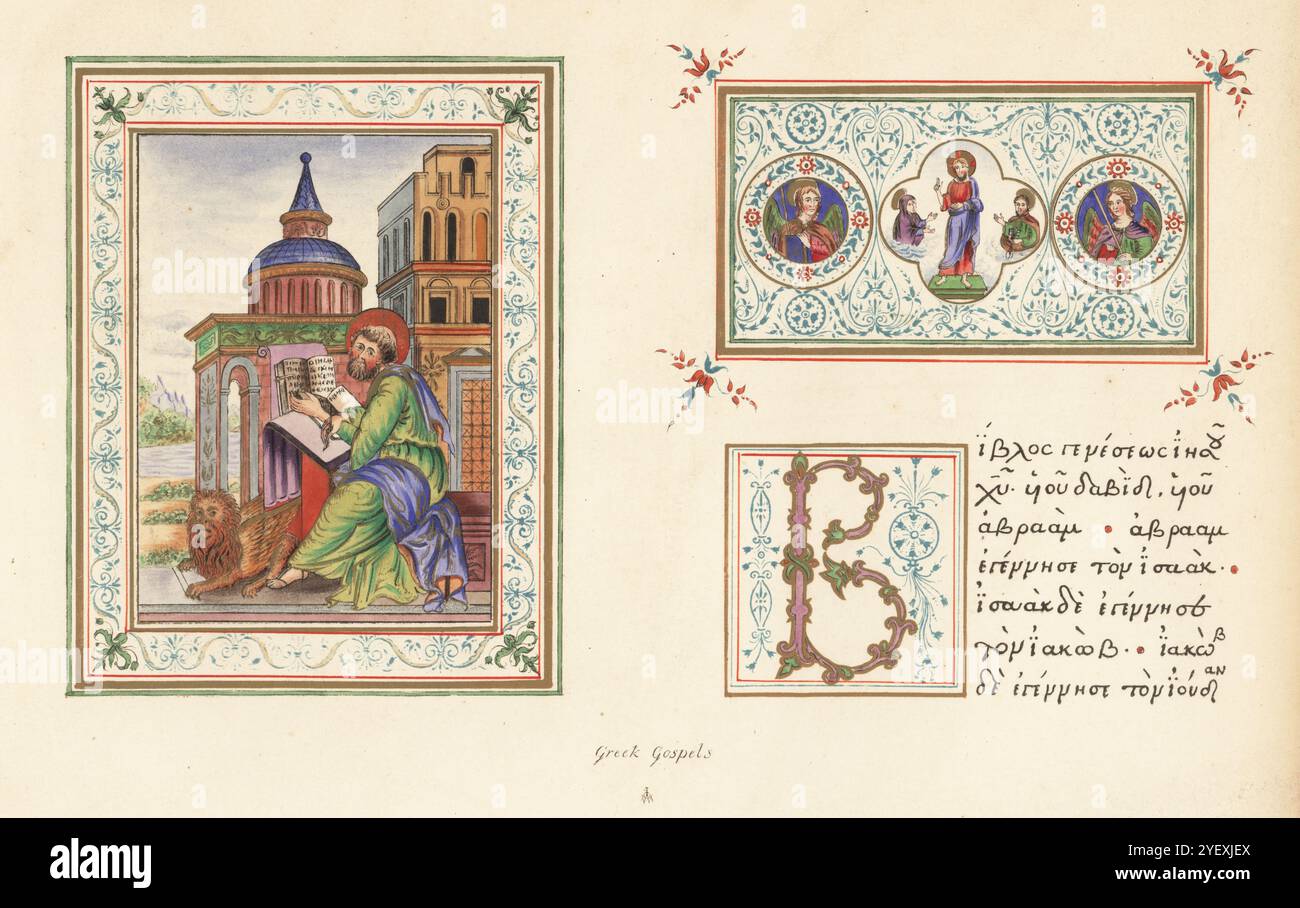 Beleuchtetes Manuskript der griechischen Evangelien. Portrait-Miniatur des heiligen Markus, der sein Evangelium schreibt, und Beginn des Matthäus-Evangeliums mit ornamentaler Überschrift von Häuptern Christi und Aposteln aus Harl. FRAU 5799. Chromolithographie nach einer Illustration von John Obadiah Westwood aus seiner eigenen Palaeographia Sacra Pictoria, eine Serie von Illustrationen der antiken Versionen der Bibel, kopiert von Leuchtmanuskripten, William Smith, London, 1843. Stockfoto