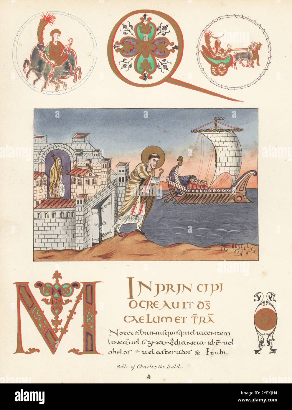 Die Bibel wurde Karl dem Kahlen von Graf Vivian von Tours 845 vorgestellt. Anfangsbuchstabe Q mit den Emblemen der Sonne und des Mondes, Miniatur des hl. Jerome im Halo, der Rom verlässt, um auf seinen Reisen ein Schiff zu besteigen, Anfangsbuchstabe M, Text aus dem Buch Genesis und Vorwort, mit Medaillon von Karl dem Kahlkopf. Chromolithographie nach einer Illustration von John Obadiah Westwood aus seiner eigenen Palaeographia Sacra Pictoria, eine Serie von Illustrationen der antiken Versionen der Bibel, kopiert von Leuchtmanuskripten, William Smith, London, 1843. Stockfoto