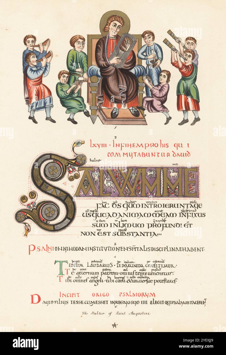 Psalter von St. Augustinus oder Vespasischer Psalter, 8. Jahrhundert. Miniatur von König David und seinen Dienern mit Musikinstrumenten 1, beleuchtete Initiale S und Text des 68. Psalms 2, Vorwort zum Psalter 3, Te Deum laudamus 4 und Abhandlung 5. Chromolithographie nach einer Illustration von John Obadiah Westwood aus seiner eigenen Palaeographia Sacra Pictoria, eine Serie von Illustrationen der antiken Versionen der Bibel, kopiert von Leuchtmanuskripten, William Smith, London, 1843. Stockfoto