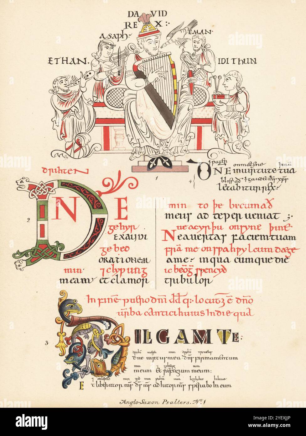 Angelsächsische Psalter mit lateinischem Text in angelsächsischen Buchstaben. Zeichnung des Königs David mit Leier und seiner Begleiter mit Musikinstrumenten 1 und 17. Psalm 3 aus dem Bodleianischen Codex Vossianus. 101. Psalm 2 aus dem Cambridge Psalter und 20. Psalm 4 aus dem Royal MS 2 B5. Chromolithographie nach einer Illustration von John Obadiah Westwood aus seiner eigenen Palaeographia Sacra Pictoria, eine Serie von Illustrationen der antiken Versionen der Bibel, kopiert von Leuchtmanuskripten, William Smith, London, 1843. Stockfoto