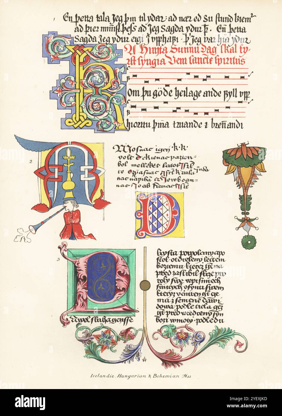 Moesogotische, isländische, ungarische und böhmische Manuskripte. Isländische Version des Johannesevangeliums und Veni Creator mit Notation 1 aus dem British Museum Additional MS 503, Initialen aus einer ungarischen Bibel MS in Wien 2 und dem Böhmischen Neuen Testament MS im Bodleian. Chromolithographie nach einer Illustration von John Obadiah Westwood aus seiner eigenen Palaeographia Sacra Pictoria, eine Serie von Illustrationen der antiken Versionen der Bibel, kopiert von Leuchtmanuskripten, William Smith, London, 1843. Stockfoto