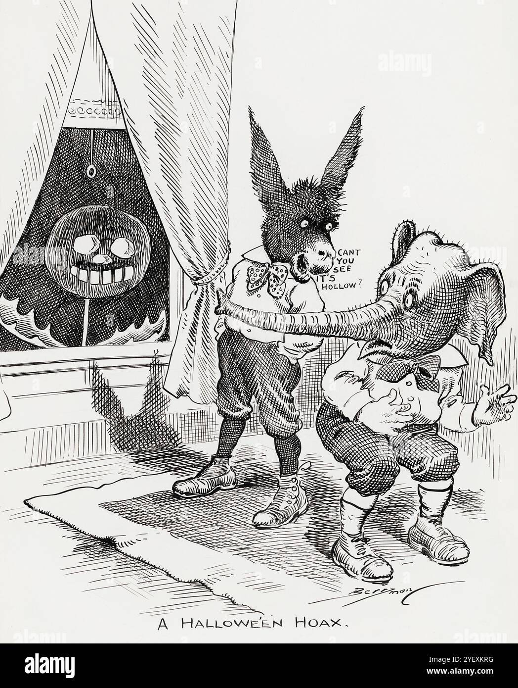 Diese Illustration mit dem Titel „Halloween Hoax“ des Karikaturisten Clifford Berryman, die am 31. Oktober 1912 im Washington Evening Star erschien, zeigt, wie die Demokratischen und Republikanischen Parteien auf die Nachricht reagieren, dass Theodore Roosevelt nach dem gescheiterten Attentat auf ihn in den Präsidentschaftswahlkampf zurückkehrte. Während der republikanische Elefant besorgt ist, ist der demokratische Esel mit der Spaltung zufrieden, die er bei der republikanischen Abstimmung verursachen wird Stockfoto