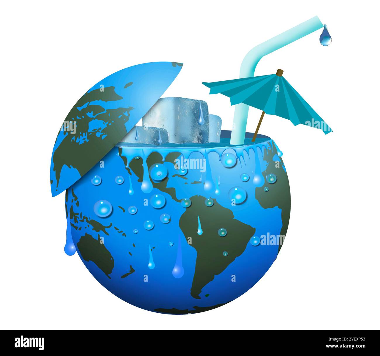 Der Meeresspiegel steigt und das polare Eis schmilzt. Hier ist eine 3D-Illustration über diesen Klimawandel. Die Erde ist als c dargestellt Stockfoto