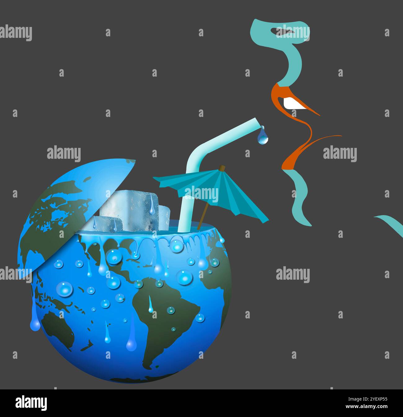 Der Meeresspiegel steigt und das polare Eis schmilzt. Hier ist eine 3D-Illustration über diesen Klimawandel. Die Erde ist als c dargestellt Stockfoto