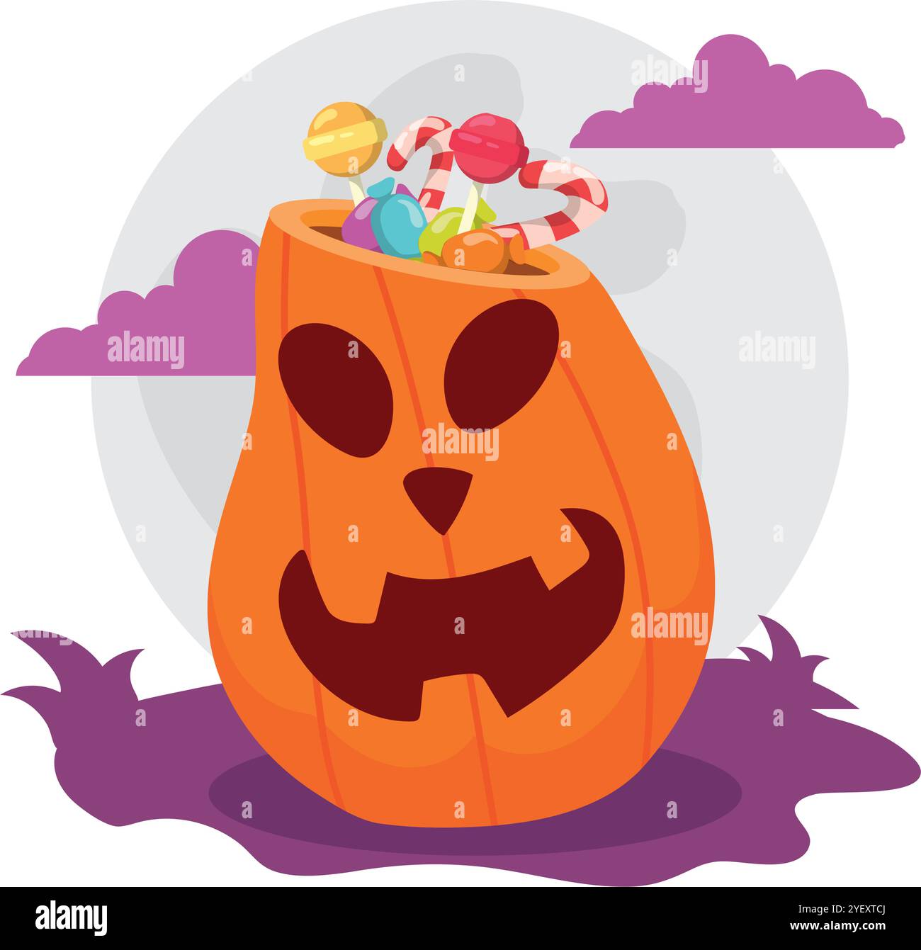 Großer gruseliger Jack-o-Laterne Kürbis mit Halloween-Süßigkeiten, Vektor Stock Vektor