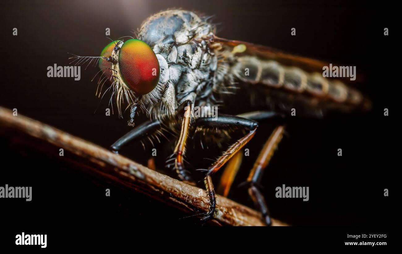 Nahaufnahme einer Räuberfliege, die auf einem Ast ruht, ihre großen, bunten Augen reflektieren Licht und zeigen die komplizierten Details dieses räuberischen Insekts, Ma Stockfoto