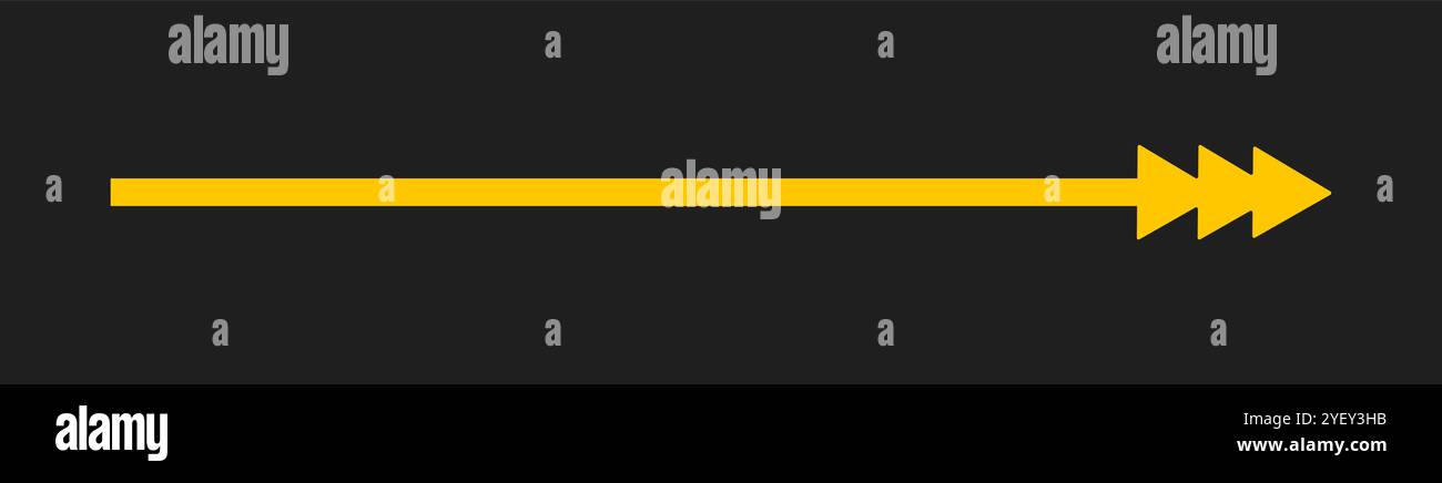 Gerader Langer Pfeil. Horizontaler Zeiger nach rechts. Navigationselement. Vektorillustration isoliert auf schwarzem Hintergrund. Gelbes einfaches Symbol für Stock Vektor