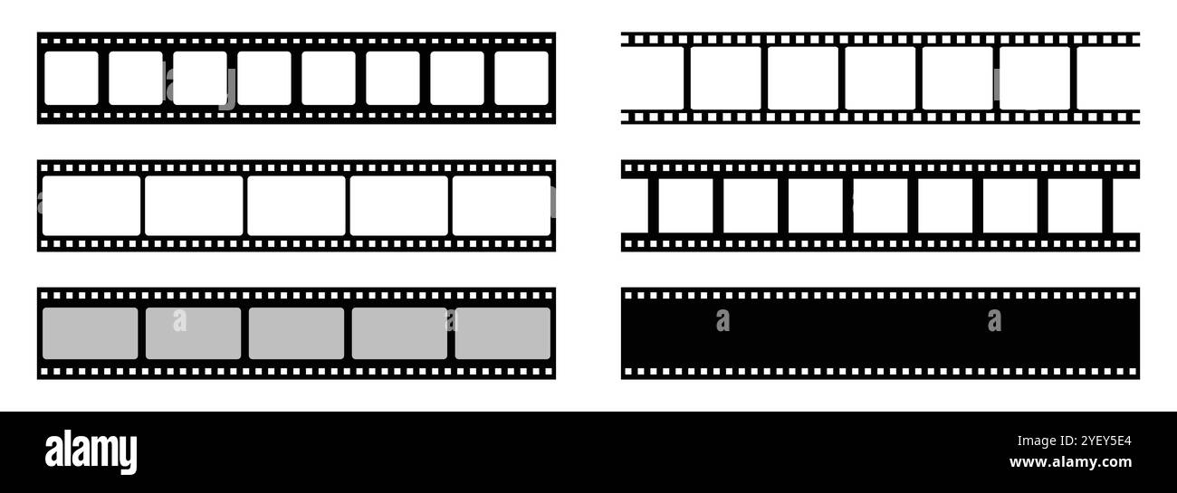 Satz von Vektorsymbolen für Filmstreifen isoliert. Filmstreifen für Film, Kino und Rolle. Filmstreifen mit Rahmen, Foto und Videos für die Kamera. Vektorsymbole Stock Vektor