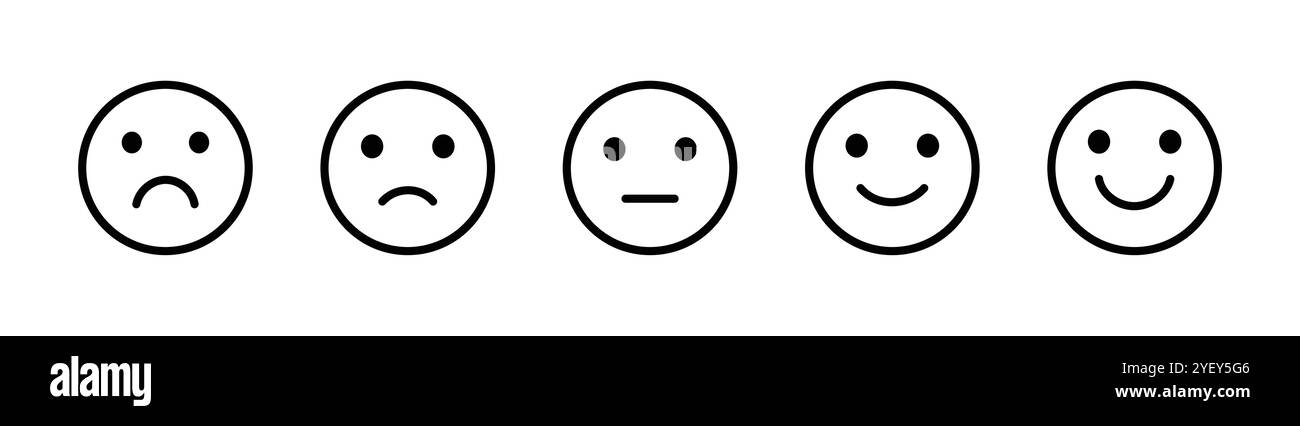 Emoji-Symbolgruppe wird bewertet. Symbol für das Lächeln des Gesichts positives Symbol für das negative, neutrale Meinungsvektorzeichen. Satz der Feedback-Bewertung Emoji-Vektor-Illustration. Stock Vektor