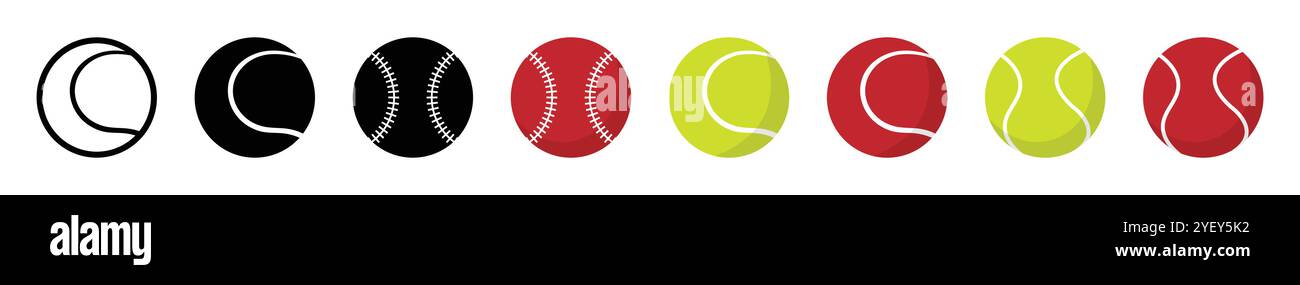 Cricketball-Symbole in einem anderen Stil. Cricketball-Symbol auf weißem Hintergrund. Set aus Cricketbällen mit flachem Design. Vektorabbildung Stock Vektor