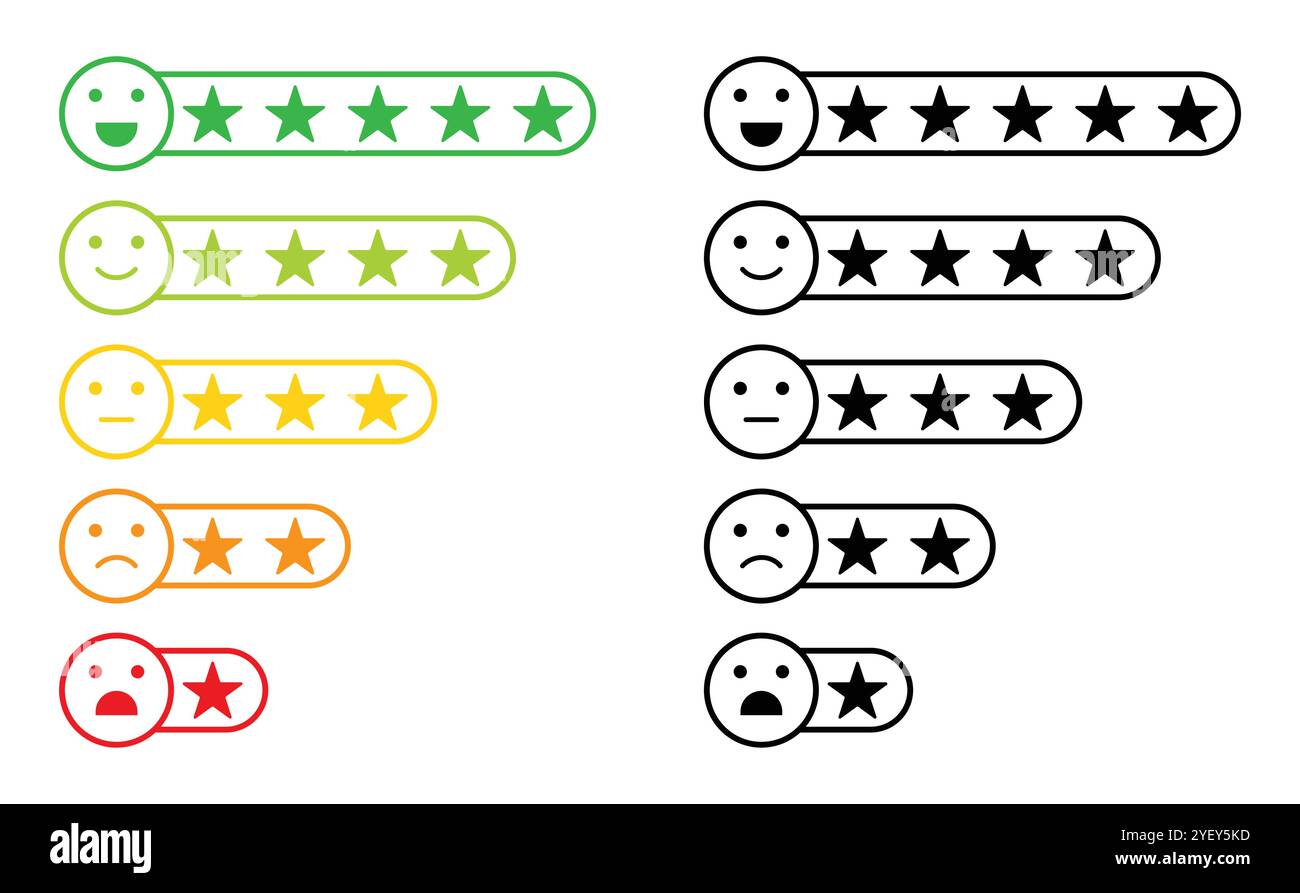 Emoji-Feedback-Symbol mit Sternen. Kunden überprüfen die Vektorsammlung. Emoji-Symbolsatz mit Feedback-Sternen. Emoji mit Sternen. Vektorsymbole. Stock Vektor